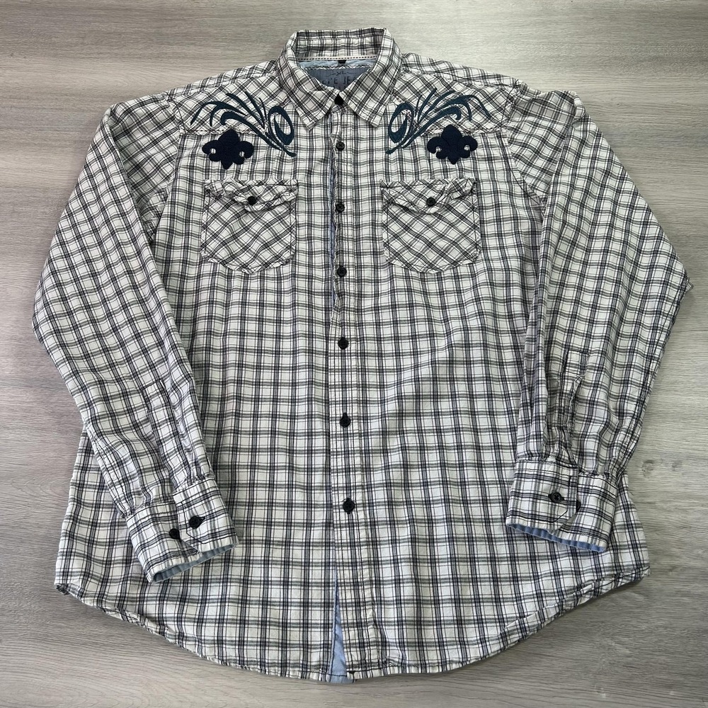 Pepe Jeans Shirt Mens XL Plaid Western Snap Pearl Button Embroidered Fleur XL